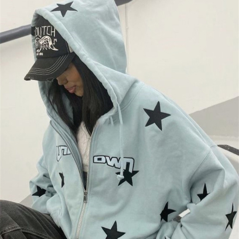 

Womens Hoodies Sweatshirts Retro Stars Print Sweatshirt Women Hip Hop Winter Loose Hoodies Vintage Long Sleeve Zipper Jacket Ladies Harajuku Y2k Women Tops 221010, Gray