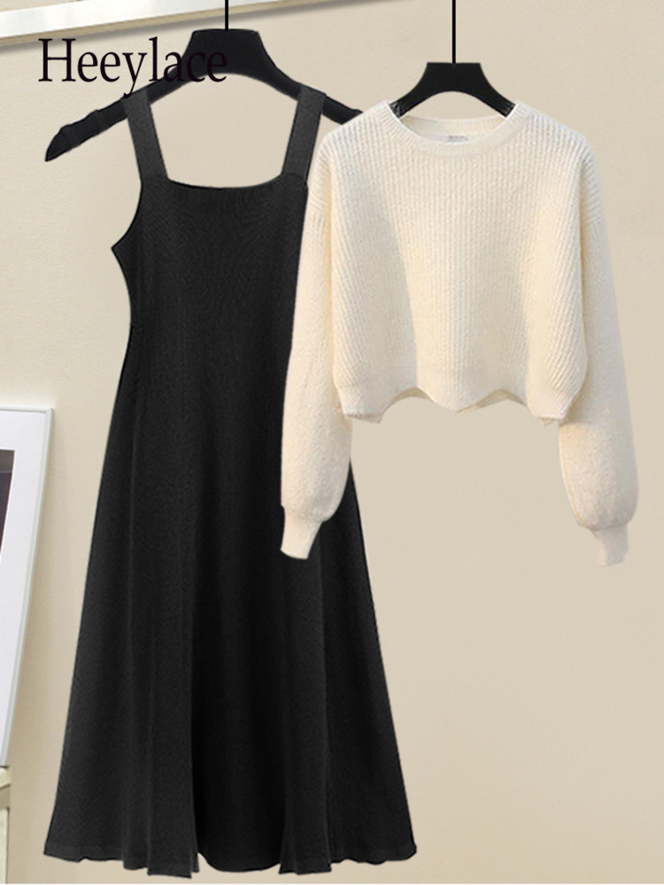 

Two Piece Dress Fall Winter Warm Knitted Dresses Sets Office Ladies Elegant Solid Sweater And Straped Knitting Pieces For Women 221010, Picture