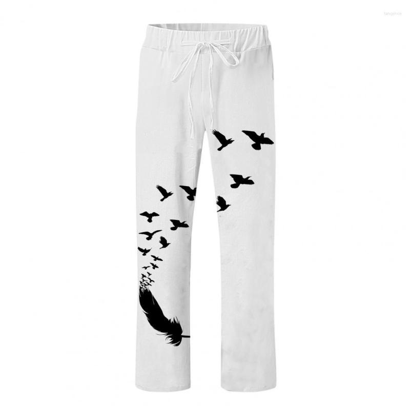 

Men' Pants Casual Men Trousers Loose Drawstring Flying Bird Print Male Wide Leg Design, Green
