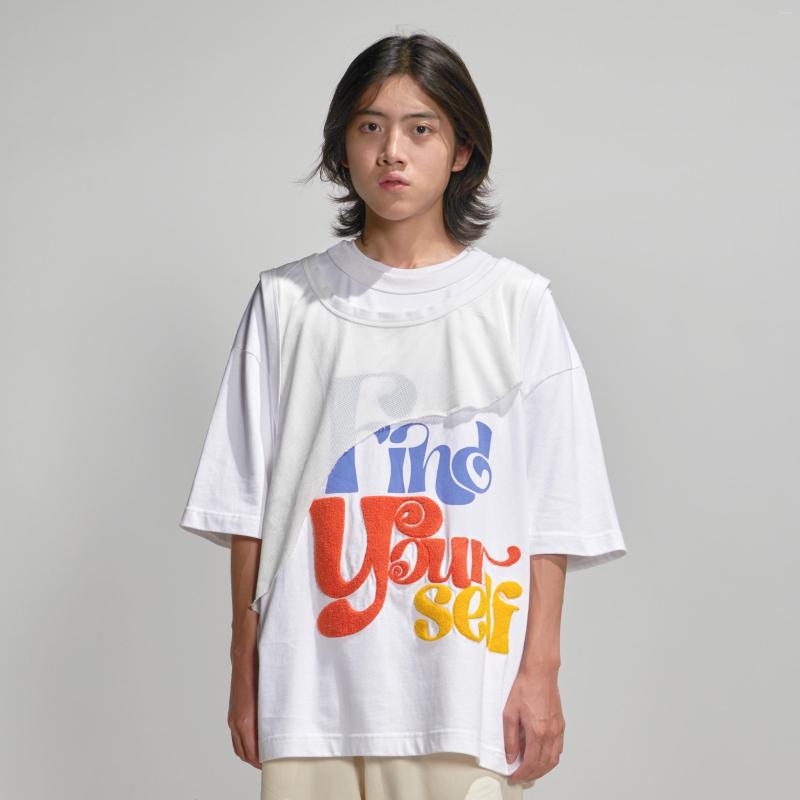 

Men' T Shirts EAFINETAL. 21aw Towel Embroidered Print Damaged Vest Fake Two Piece Cotton Loose Short Sleeve T-Shirt Tee, White