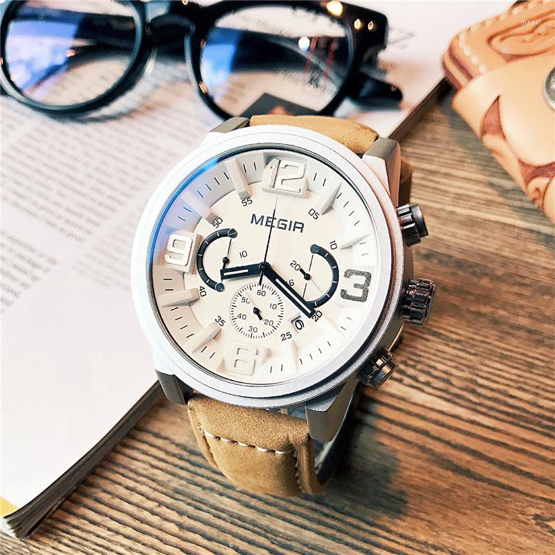 

Wristwatches MEGIR Genuine Leather Quartz Men Watch Sports Military Style Watches 3ATM WaterProof Chronograph Man Wristwatch, Ml3010g-silver black