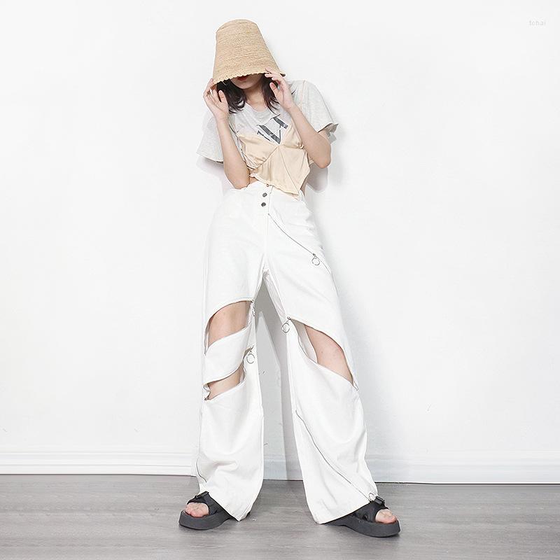 

Women' Pants White Wide Leg Women Fashion Hip Hop Loose Trousers High Waist With Zipper Stylish Streetwear