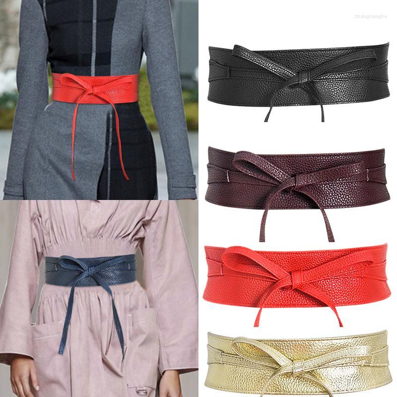 

Belts Vintage Stretch Waist Belt For Ladies Dress Red Black Gold PU Leather Wide Elastic Women Coat Cummerbunds Tie StrapBelts