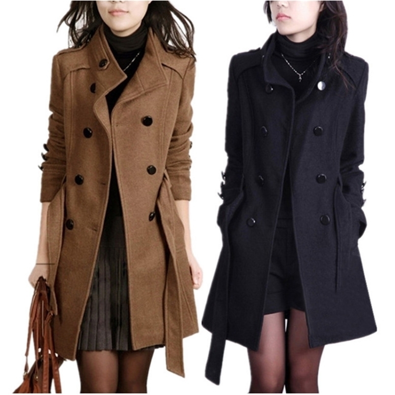 

Women's Wool Blends Woolen coat women autumn and winter foreign trade women's woolen Slim mid-length windbreaker jacket 221010, Black