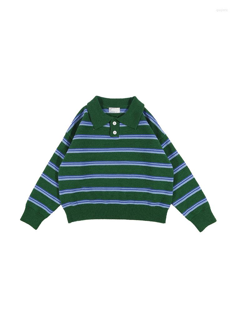 

Women's Sweaters American Style Vintage Striped Women Lapel Classic Jumper Baggy Long Sleeve BF Loose Female Knit Pullover Sweater Y2K Cozy, Green