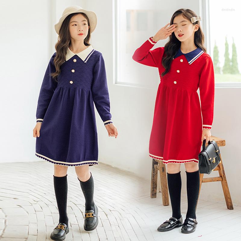

Girl Dresses Girls Knitted Dress Preppy Style Turn-down Collar Sweater Princess For Kids Autumn Long Sleeve Mid-length Children Clothes, Blue