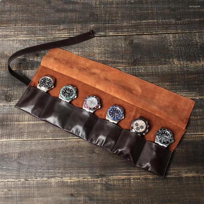 

Watch Boxes Oil Nubuck Genuine Leather 6 Slot Roll Case Organizer Men Travel Portable Wristwatch Pouch Accessories