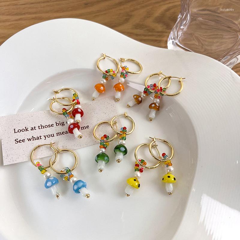 

Hoop Earrings Minar Cute Lovely Colorful Glass Mushroom For Women Golden Hook Rainbow Beads Long Earring Daily Holiday Jewelry