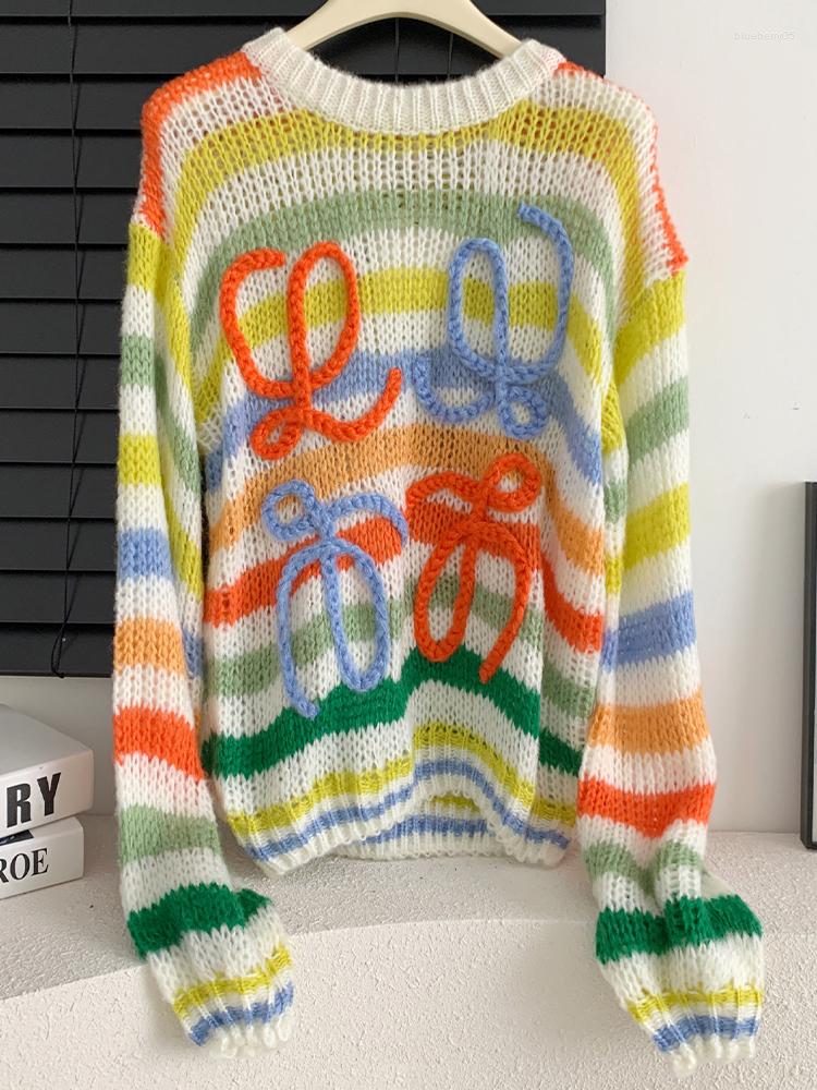 

Women's Sweaters Long Sleev Mohair Vintage Sweater Woman Winter 2022 Crewneck Wool Rainbow Stripe Knit Pullover Design Clothing, Image color