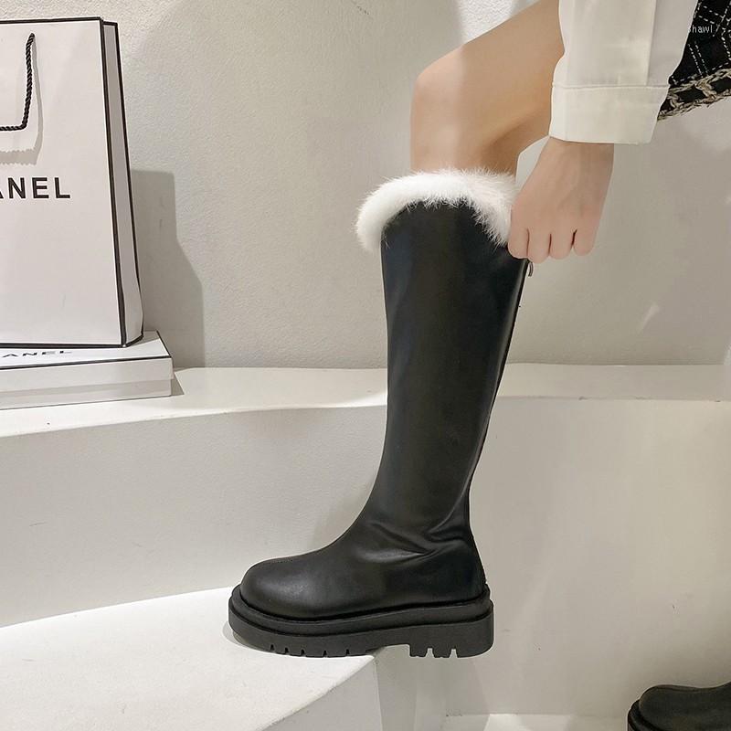 

Boots 2023 Winter Knee High Women's Solid Color Platform PU Leather Shoes Ladies Zipper Plush Mouth Casual Botas Mujer, Black
