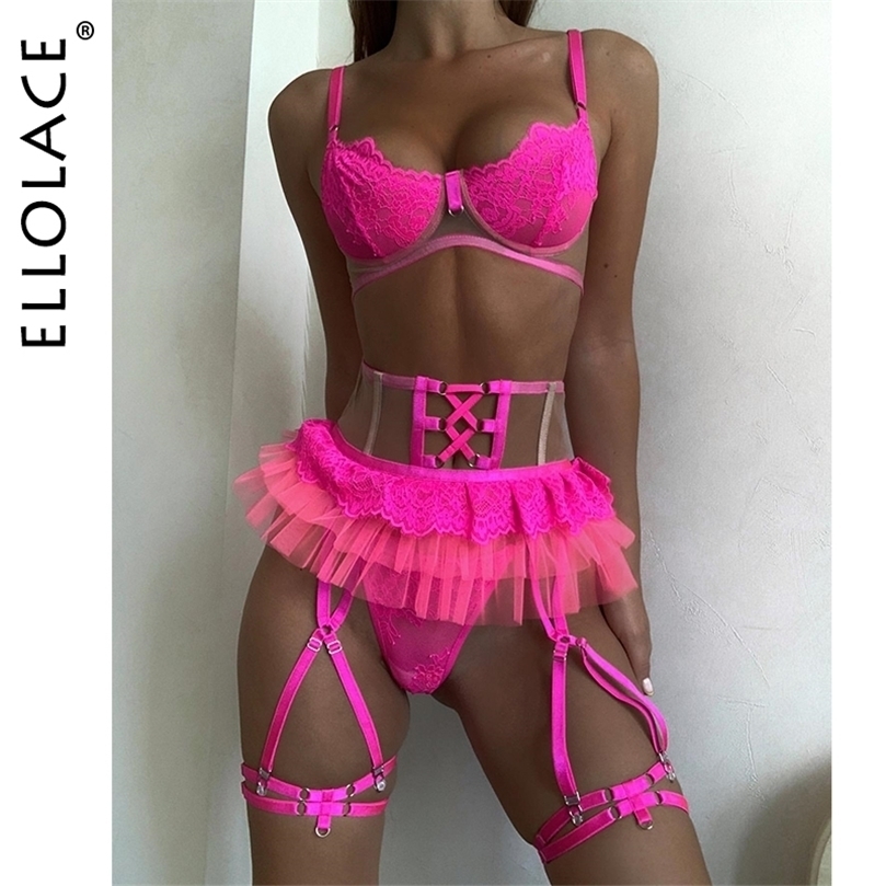 

Sexy Set Ellolace Pink Bright Lingerie Erotic Female Underwear Ruffle Transparent Fancy Intimate Lace Garter Belt 3Piece Exotic Sets 221010, Neon pink