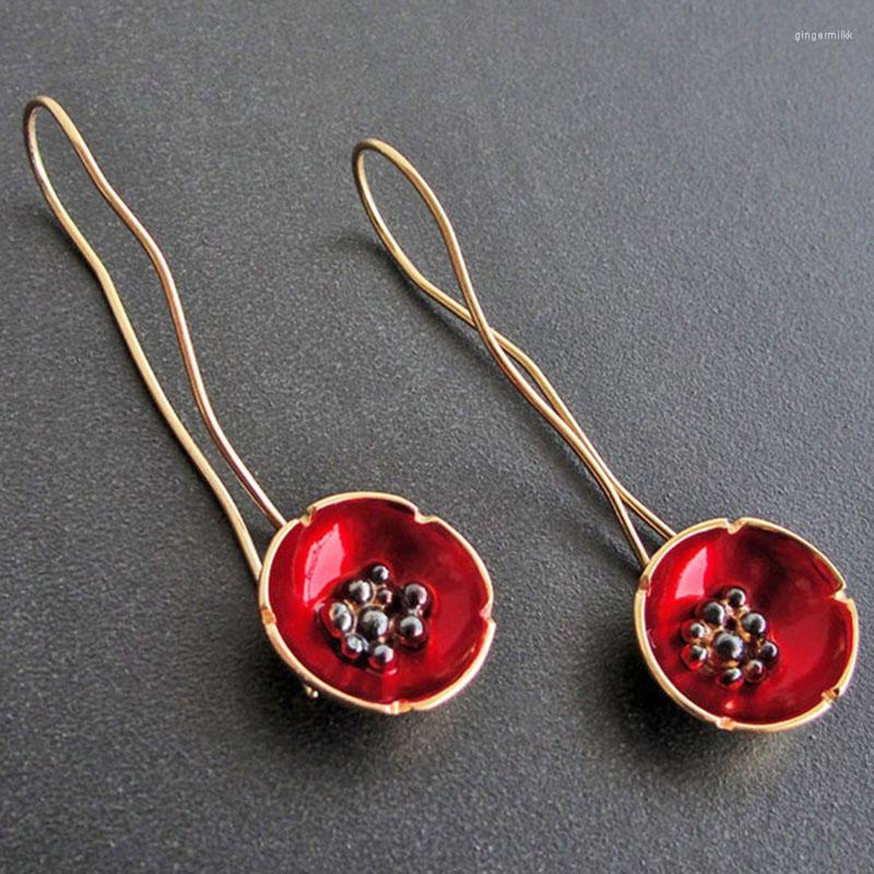 

Dangle Earrings Ladies Red Enamel Flower Drop For Women Exquisite Jewelry Gold Color Twist Long Hook Pendientes