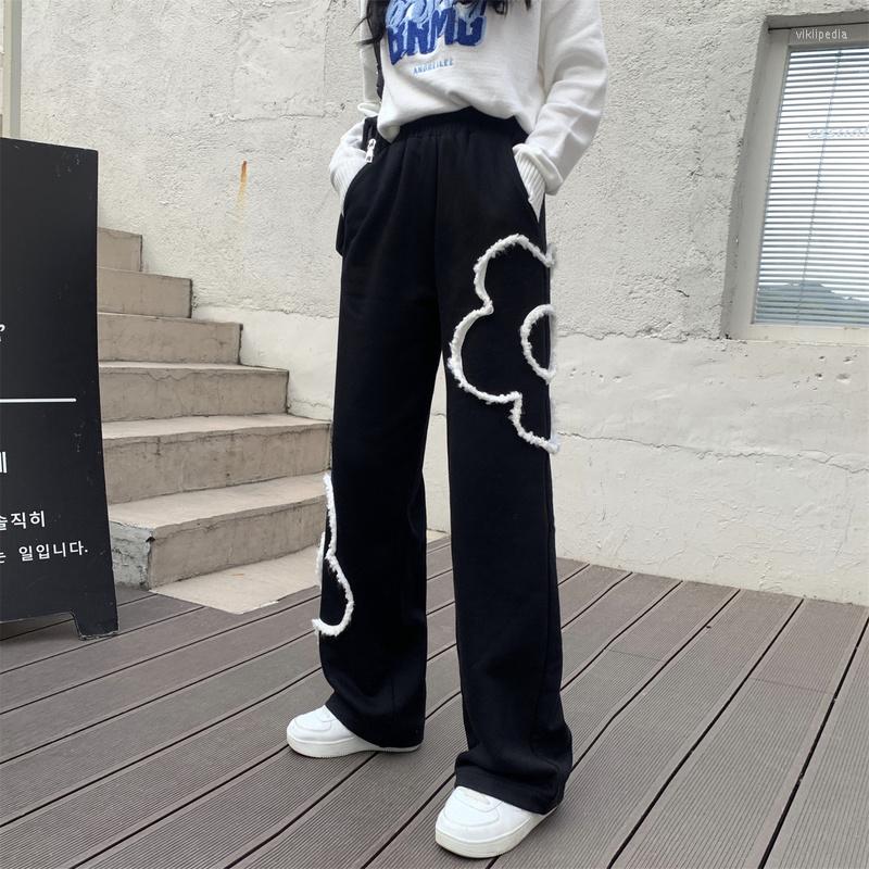 

Women' Pants Casual Women Embroidery Flower Plus Velvet Winter 2022 Korean Chic High Waist Long Trouser Fashion Street Jogger, Black