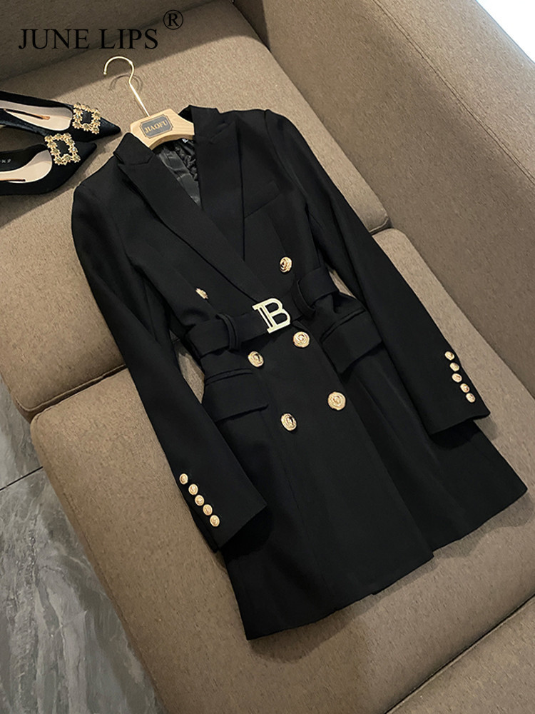 

Women's Suits Blazers June Lips Brand High Quality Light Luxury British Temperament Waist Belt West Slim Long Jacket Autumn Winter 221008, Deep blue