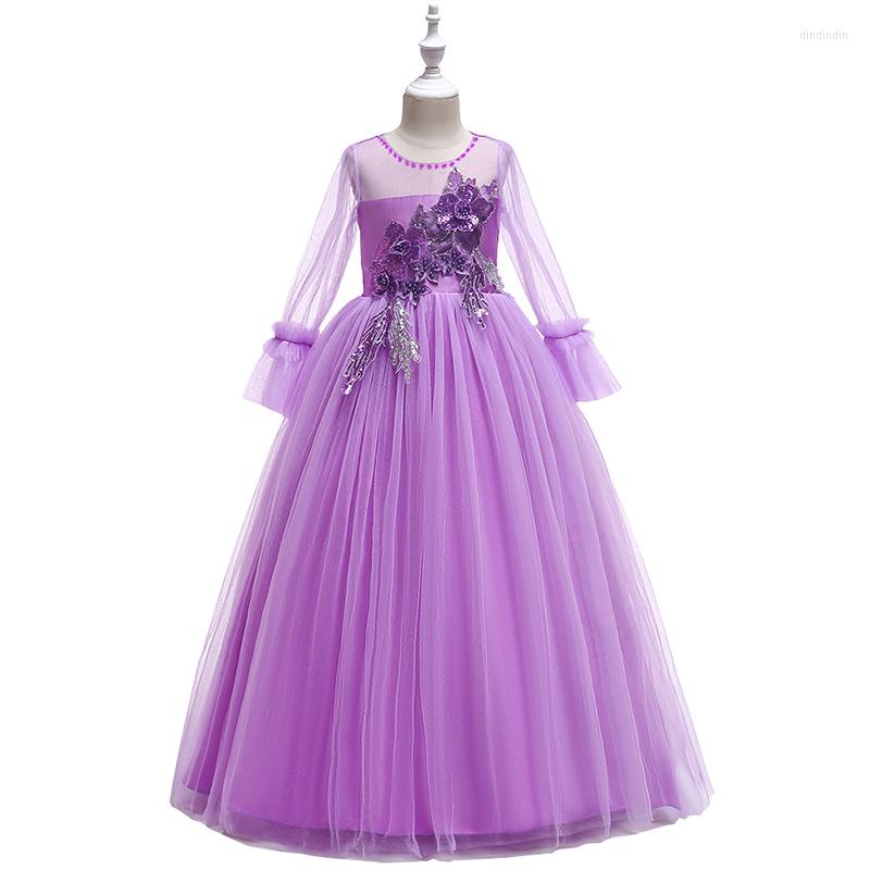 

Girl Dresses Elegant Formal For 120-170cm Girls Party Costumes Children Floral Piano Dress With Petal Sleeve Crianca Vestidos, Champagne