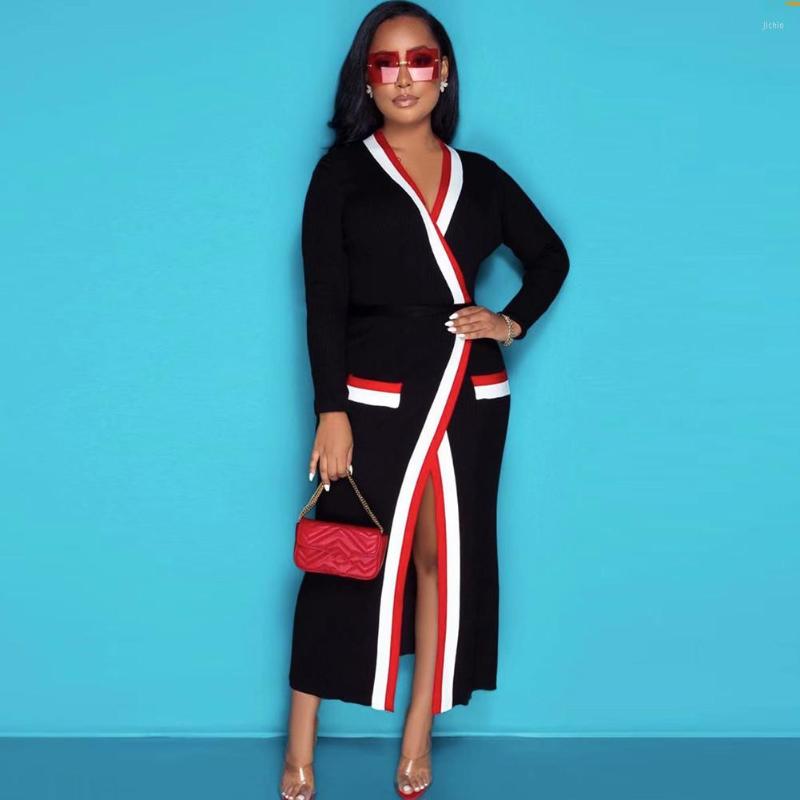 

Casual Dresses Women Winter Sexy Long Sleeve V Neck Patchwork Midi Split Black Bodycon Bandage Dress 2022 Elegant Evening Party Vestido