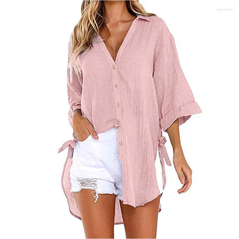 

Women' T Shirts Women' Solid Color Knotted Side Shirt Top Button Irregular Lady Loose Spring Autumn Fashion Female Chic Clothes 2022, Black
