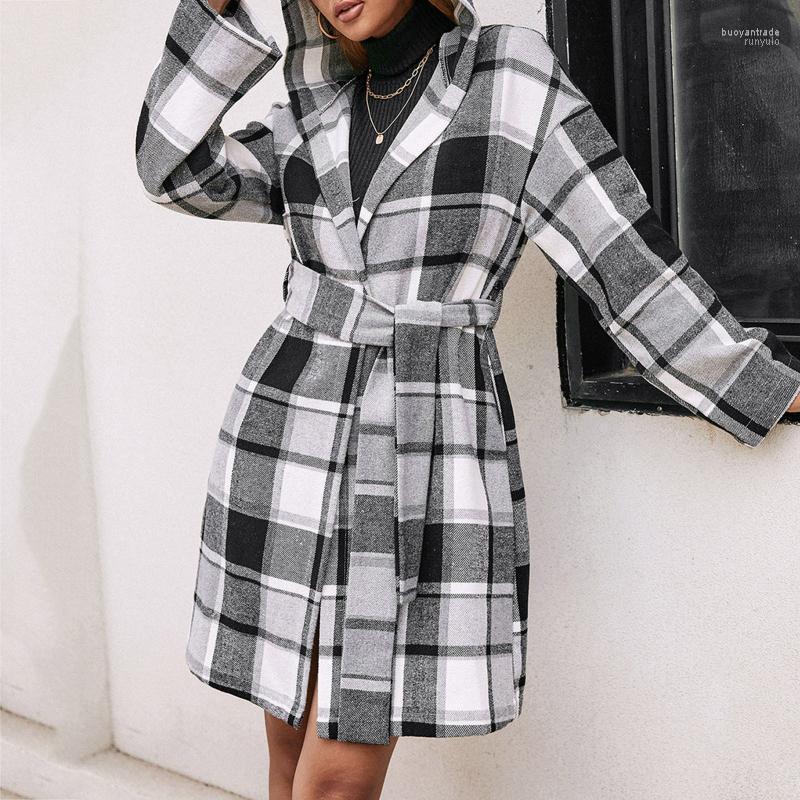 

Women's Jackets Women's Autunm Winter Elegant Plaid Printting Long Jacket Casual Outwear Sleeve Pockets Lapel Belt Cardigan Coat, Or