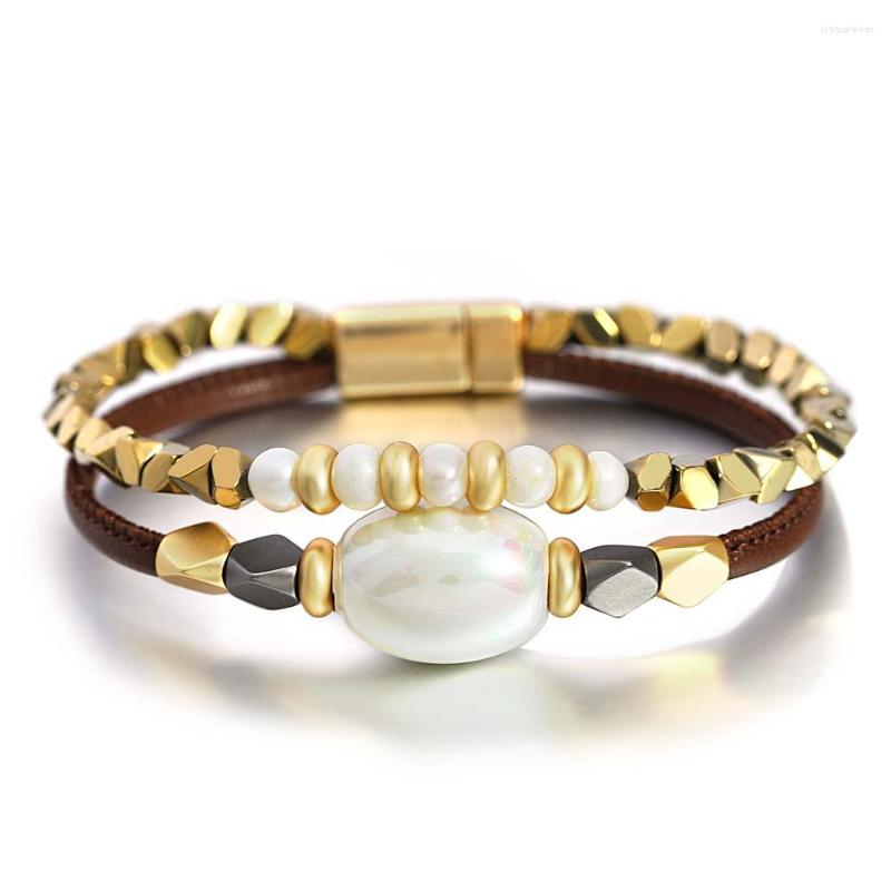 

Charm Bracelets Amorcome Bohemian Big Imitation Pearl Crystal Beads Leather Wrap Handmade Hematite Bracelet Women Jewelry Gift