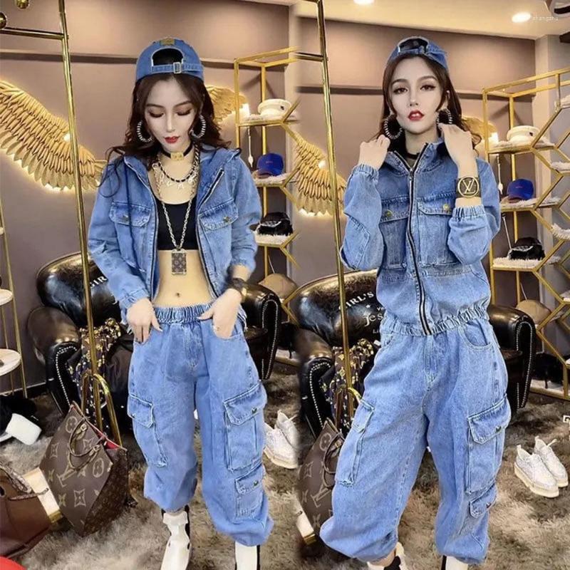 

Women's Two Piece Pants 2022 Autumn Denim Suit Female Hooded Jackets High Waist Stretch Oversize Loose Sets Casual Suits S-6XL 45-110 KG, Blue