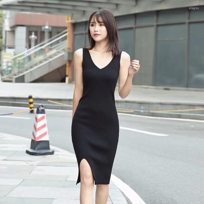 

Casual Dresses Summer Knitted Silk Cotton Vest Dress Sleeveless V-neck Long Render A Fork In The Tight Package Hip Skirt Vestido, Red