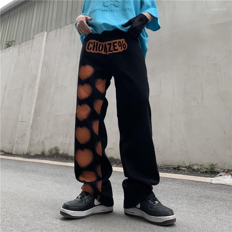 

Men' Jeans American High Street Hiphop Pants Love Graffiti Men' Hip-hop Oversize Loose Straight Cargo Y2k Men, Black