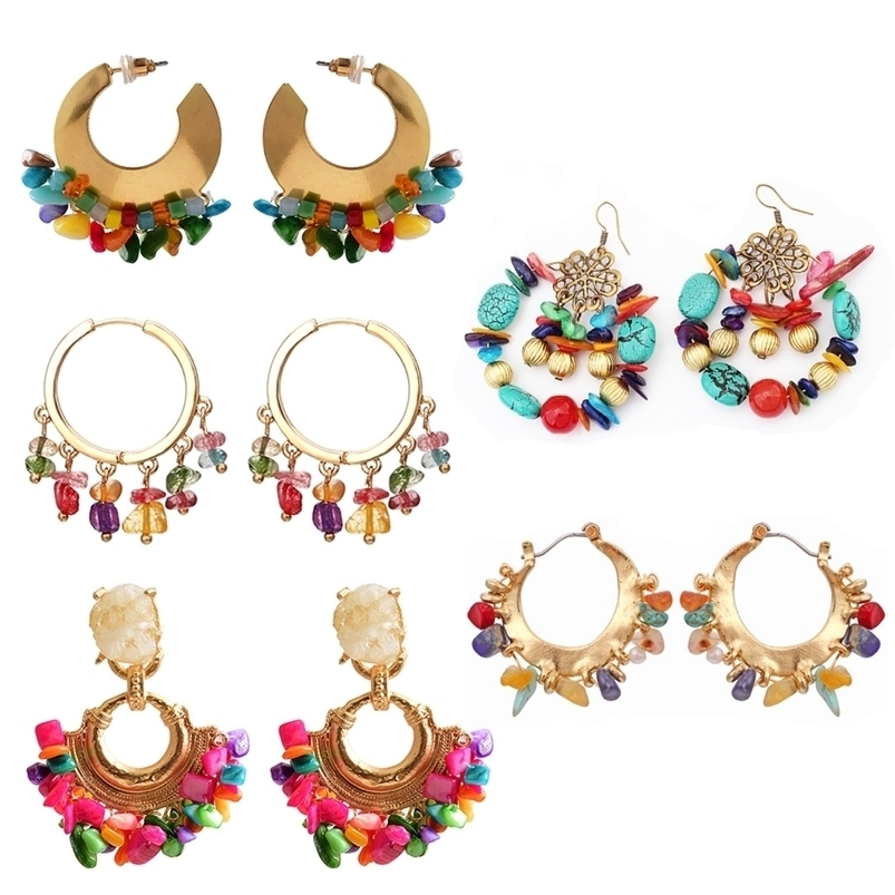 

Hoop Huggie Women ZA Style Earrings Boho Colorful Natural Stone Big Round Rainbow Drop Bohemia Jewelry Accessories 221010