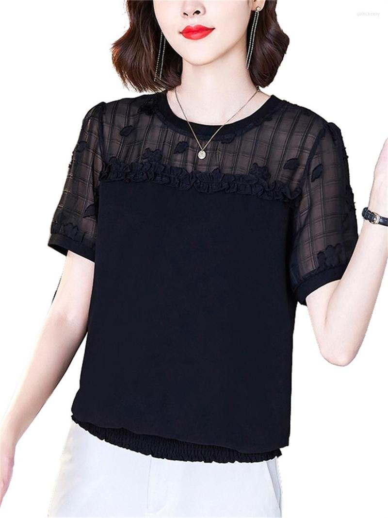 

Women's Blouses 4XL Women Spring Autumn Shirts Lady Fashion Casual Short Sleeve O-Neck Collar Black Lace Blusas Tops CT0264