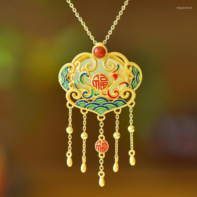 

Chains Exquisite Phoenix Tassel Ruyi Pendant Silver Inlaid Natural Hetian Jade Necklace Ethnic Ladies Jewelry For Girlfriend Gifts