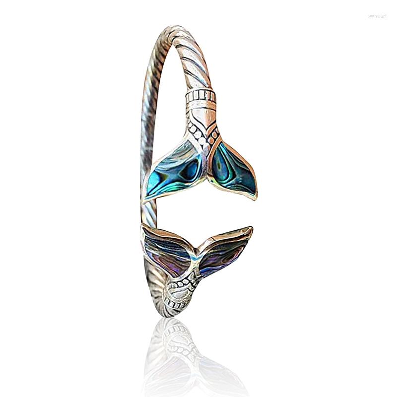 

Bangle Abalone Shell And Silver Mermaid Tail SS Bracelet Adjustable Open Hand Chain For Women Girls Friends Dropship
