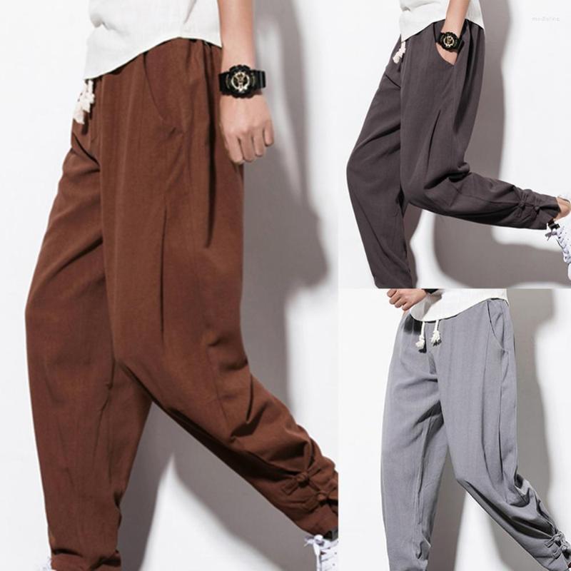 

Men's Pants 2022 Summer Autumn Cotton Linen Trousers Drawstring Waist Men Casual With Button Plus Size M-5XL Pantalon Homme, Navy blue