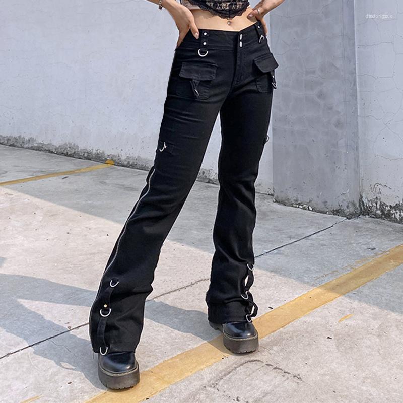 

Women' Pants Autumn Ladies Girl Low Waist Zipper Straight Slim Jeans High Trousers Metal Ring Wide With Pocket, Black