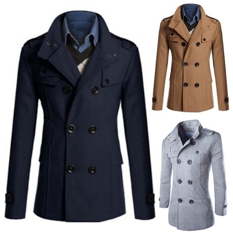 

Men's Wool Blends Double-breasted Woolen Coat Men Stylish Long Sleeve Winter Stand Collar Trench Coat 221010, Camel