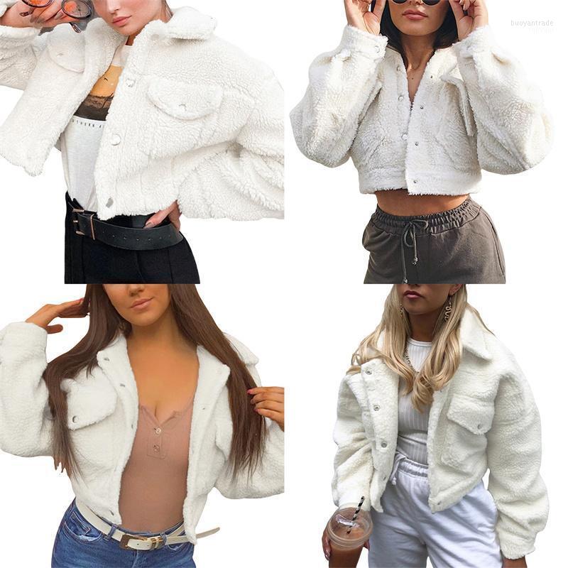 

Women' Jackets Women' Autumn/ Winter Women Solid Color Coat Ladies White Turn-down Collar Buttons Open Front Jacket With Pockets