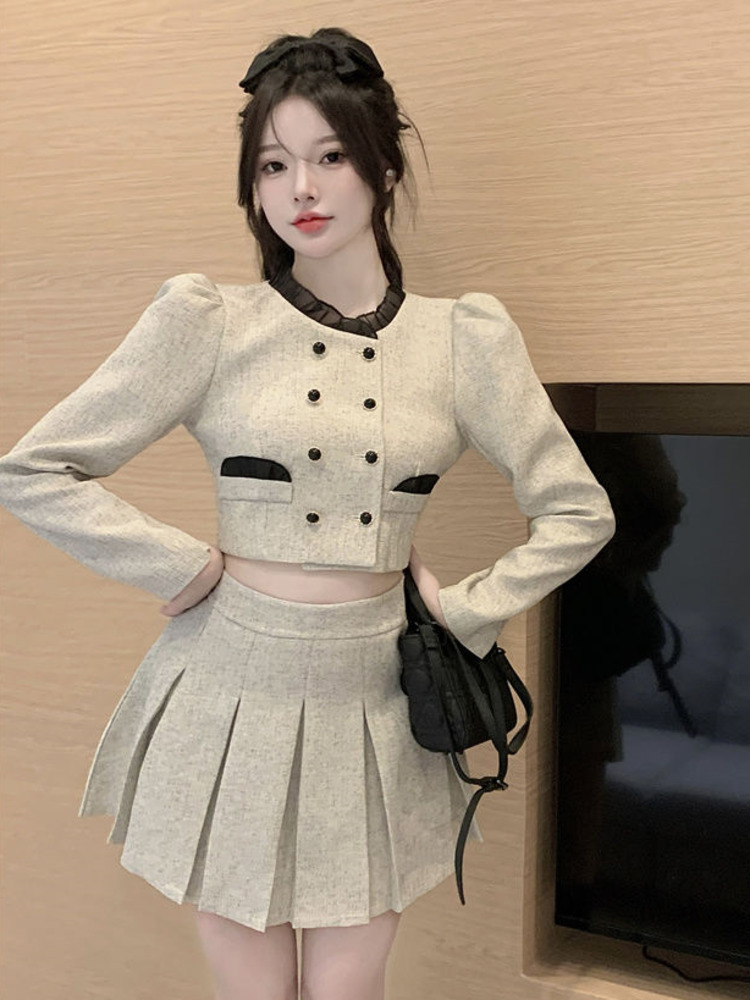 

Two Piece Dress Vintage Small Fragrance 2 Set Women Long Sleeve Short Jacket Coat Pleated Skirt Suits Korean Fashion Sets 221010, Gray
