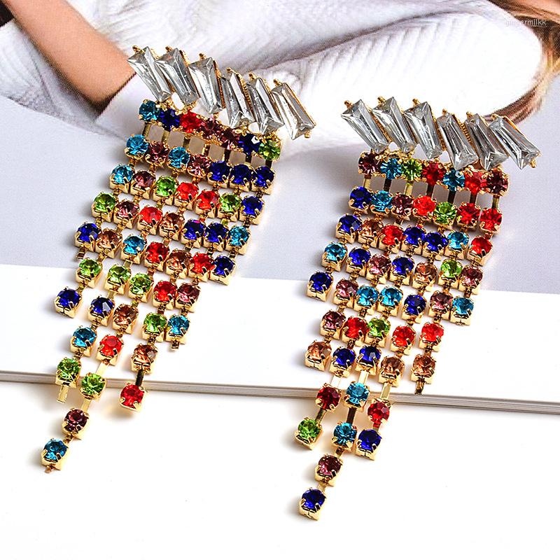 

Dangle Earrings Bohemian Shiny Colorful Rhinestone Drop For Women Long Tassel Crystal Earring Brincos Weddings Fashion Jewelry