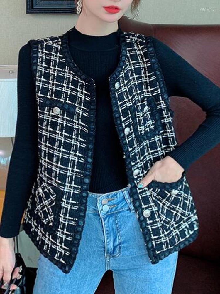 

Women' Vests ZAWFL Women Vest 2022 Summer Korean Chic Ladies Vintage Elegant V-Neck Fringe Side Loose Single-Breasted Tweed Jackets, Black