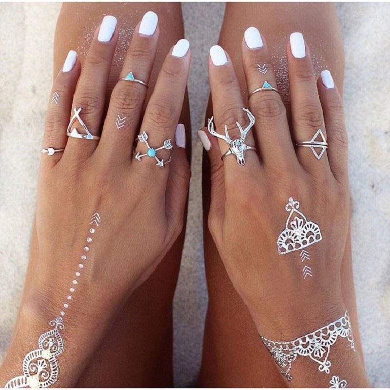 

Wedding Rings Vintage Deer Ring For Women Bohemian Silver Plated Setting Natural Stone Carving Elk Antlers Arrow Finger