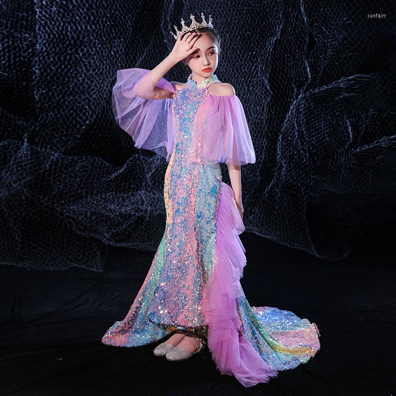 

Girl Dresses 2022 Girls Sequins Small Trailing Princess Dress Sleeveless Shiny Catwalk Fishtail Design, 03