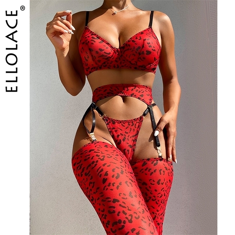 

Sexy Set Ellolace Leopard Lingerie For Women Lace Set Of Underwear With Stockings 4Pieces Erotic Thongs Garter Fancy Matching Outfit 221010, Red