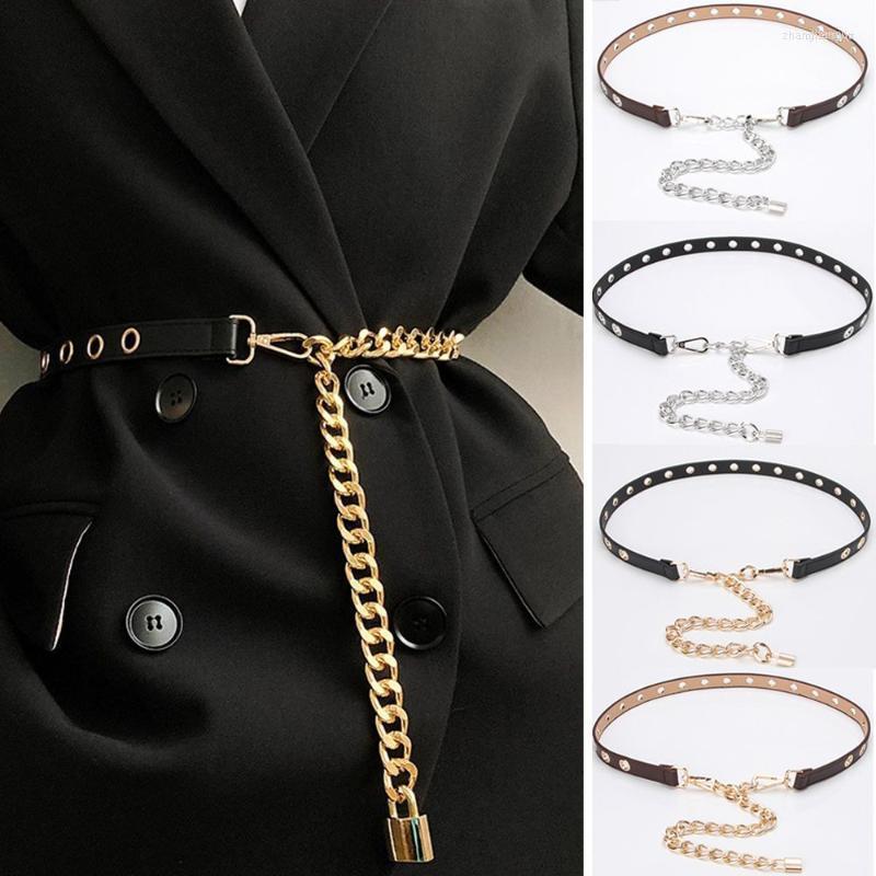 

Belts Fashion Punch-Free Decoration Belt Lock Pendant Leather Waist Thin WaistbandBelts, Black