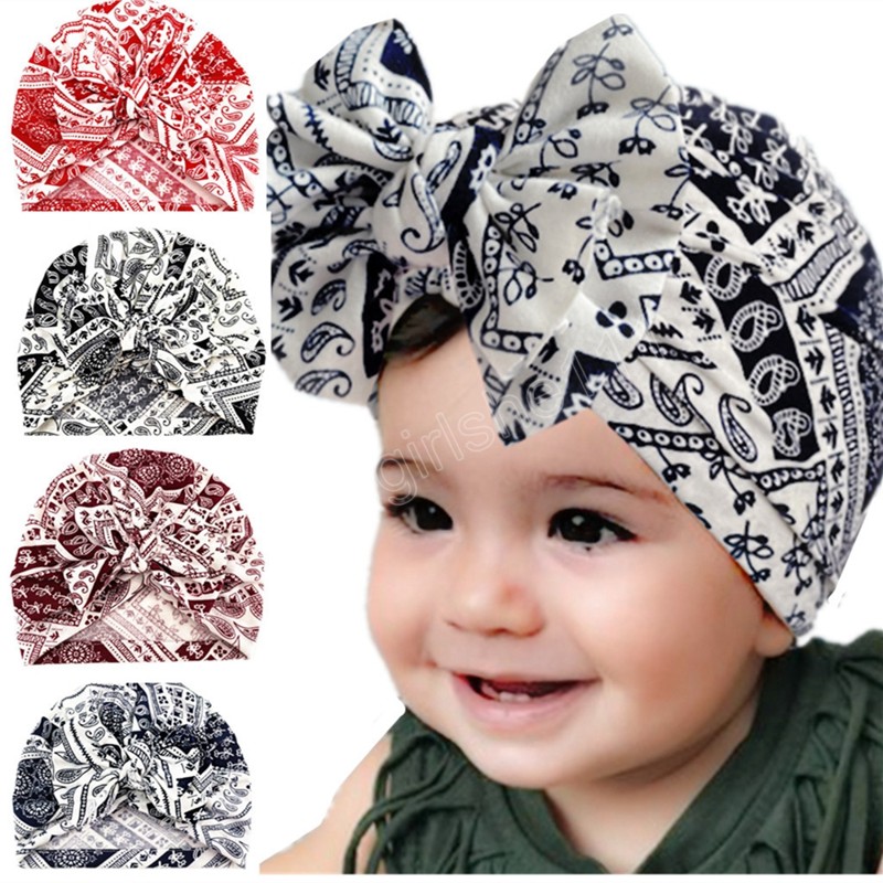 

18x19 CM Soft Comfortable Baby Turban Hat Cute Print Bowknot Newborn Caps Children Headwear Hair Accessories Photo Props