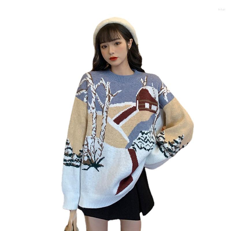 

Women's Sweaters 2022 Spring Autumn Winter Women Sweater Pullover Retro Nordic Iceland Japanese Vintage O-neck Long Sleeve Knitted Jumper, Sky blue
