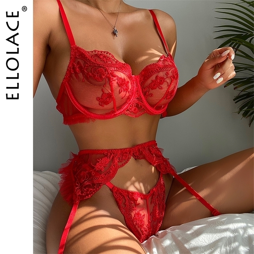 

Sexy Set Ellolace Sensual Lingerie Red Lace Transparent Bra Garters Thongs Embroidery Fancy Bilizna Set Sexy Costume 3Pieces Intimate 221010