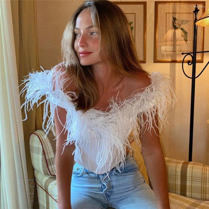

Women' Tanks Zabrina Tank Tops Tube Women Feather Corset Crop Top Girls White Black Off Shoulder Cami Tee Shirt Party Club Sleeveless Sexy
