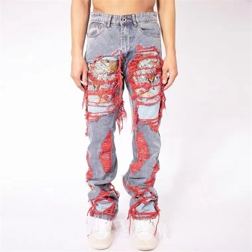 

Mens Jeans European and American Vibe Style Retro High Street Hiphop Heavy Industry Embroidery Womens Loose Trousers 221008, Embroidery-blue