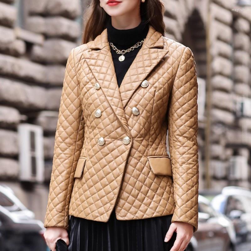 

Women's Leather Lady Office Sheepskin Short Coat Lapel Double-Breasted Plus Cotton Women Genuine Jacket Slim Fit Autumn Winter Fashion, Ginger yellow color