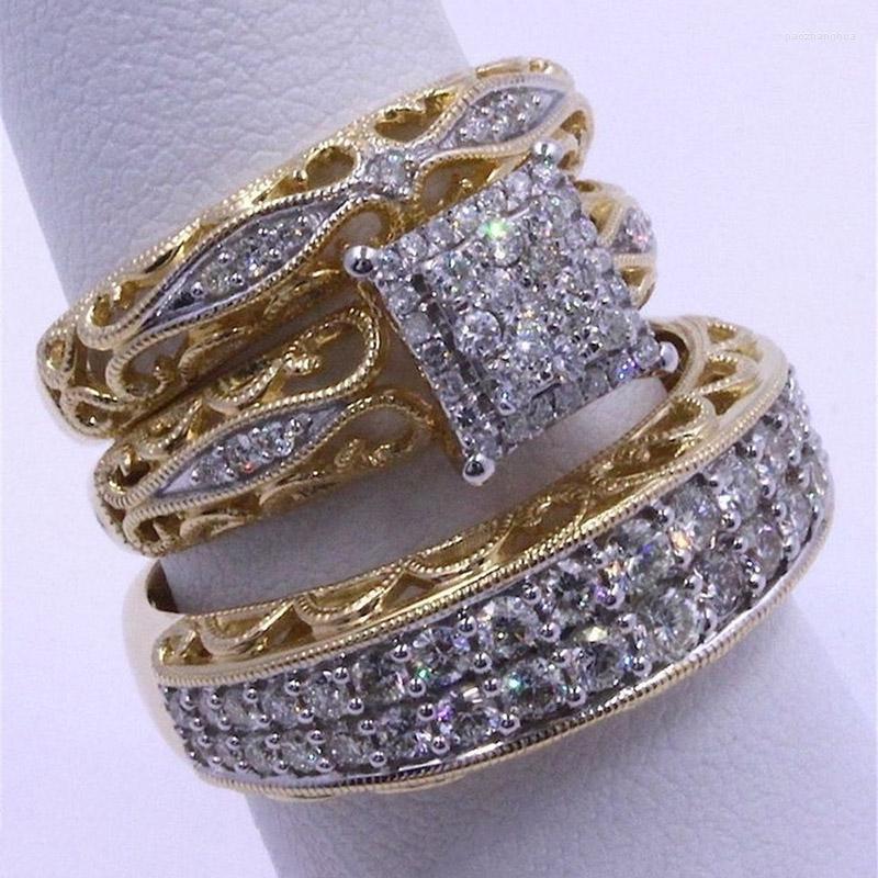 

Wedding Rings 3pcs/set Dainty Carved Flower Pattern Ring Set Gold Filled Bridal Retro Band Engagement For Women Boho Jewelry
