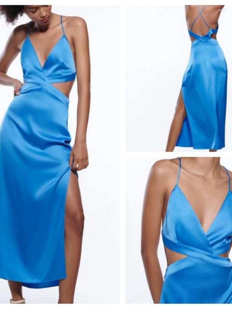 

Casual Dresses The Spanish Single Female Satin Dress Hollow Out Design, Blue