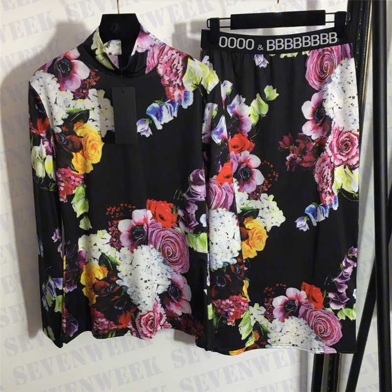 

Rose Print Womens T Shirts Dress Sets Letter Ribbed Ladies Bottoming Shirt High Waist Slim Skirts Fashion Pullover Tops Two Piece Suits, Black